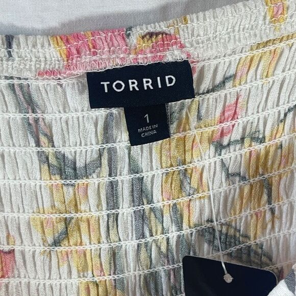 Torrid White Crinkle Gauze Smock Back Babydoll Floral Tunic Sz 1X - Picture 6 of 10